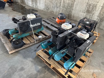 Quantity of (4) Pallets of 3 Makita Tube Compressors, Ryobi 3600W Generator & Ridgid 6Gal.Pancake Compressor Parti varie