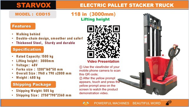 2025 STARVOX CDD15 3300 lb Electric Stacker (Unused)