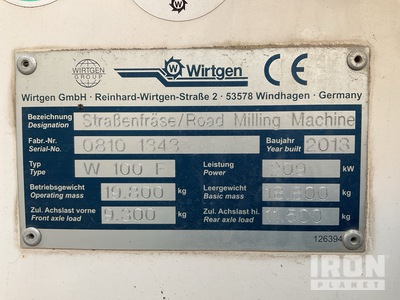 2013 Wirtgen W100F Tracked Cold Planer (Inoperable)