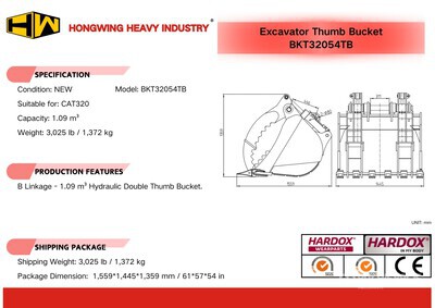 2026 HW CAT32054TB 54 in Hydraulic Thumb Digging エクスカベーター用バケット - Fits Cat 320 (Unused)