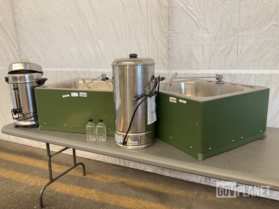 (2) Scrub Sinks, (1) Bench, (12) Boxes of Bottles & Assorted Items