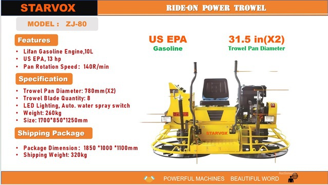 2025 STARVOX ZJ-80 Ride-on Power Trowel (Unused)
