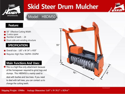 2026 Handy HBDM50 50 in Drum Broyeur pour chargeuse à différentiel (Unused)