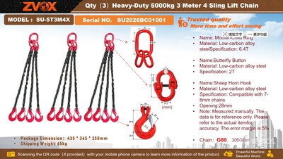 Quantity of (3) 2026 ZVOX SU-5T3M4X Heavy-Duty 5 ton 3 Meter 4 Sling Lift Chain (Unused)