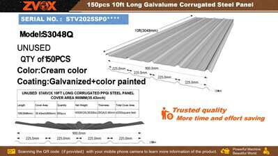 Quantity of (150) 2026 ZVOX S3048Q 35 in x 10 ft Galvalume Corrugated Steel Panels (Unused)