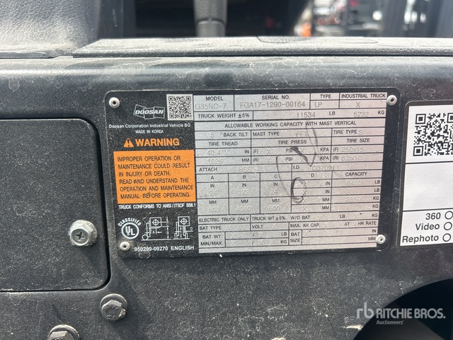 2019 Doosan G35NC-7 6450 lb Pneumatic Tire Forklift (Inoperable)