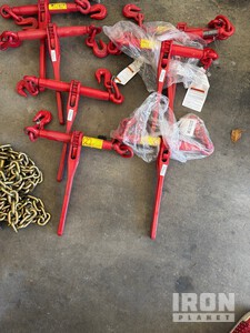 Quantity of Binders, Chains, Coil Racks, Straps, Protectors, Bungees, and Tarp for Hauling