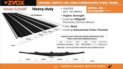 Quantity of (100) 2026 ZVOX S3048F 35 in x 10 ft Galvalume Corrugated Steel Panels (Unused)