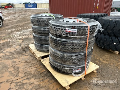 Quantity of (8) 11R22.5 Drive Transport Tires 16 Ply with Steel Rims Opony (Unused)