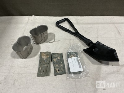 (2) Entrenching Hand Tools, (4) Water Canteen Cups & Assorted Items
