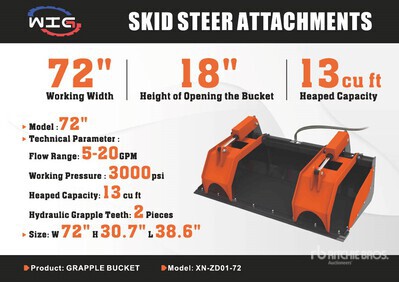 2025 Wig XNZD0172 72 IN Skid Steer Grapple Bucket (Unused)