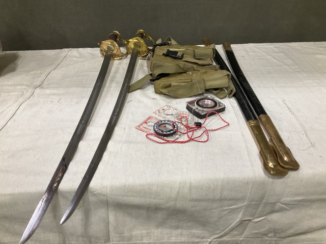 (3) Compasses, (6) Swords w/Scabbards, (28) Holsters & Assorted Items