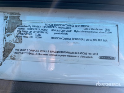 2018 Freightliner Cascadia 125 تراكتور شاحنة نهارية (ثنائية المحور) (Inoperable)