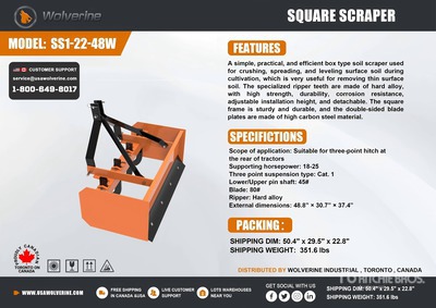 2026 Wolverine SS1-22-48W 48 in 3-Point Square Box Blade (Unused)