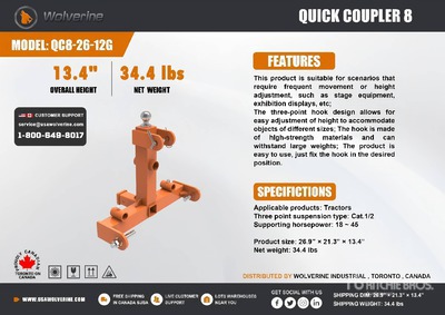 2026 Wolverine QC8-26-12G Quick Coupler 8 3-Point Hitch (Unused)