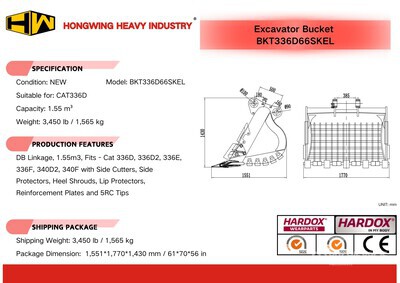 2026 HW BKT336D66SKEL 66 in 1.55 m3 Skeleton Excavator Bucket - Fits Cat 336D (Unused)
