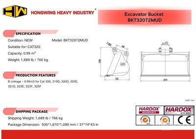 2026 HW BKT32072MUD 72 in 0.95 m3 Cleanup Excavator Bucket - Fits Cat 320 (Unused)