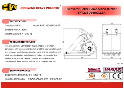 2026 HW BKT336D36ROLLER 36 in Combination Compaction / Digging Excavator Bucket - Fits Cat 336 (Unused)