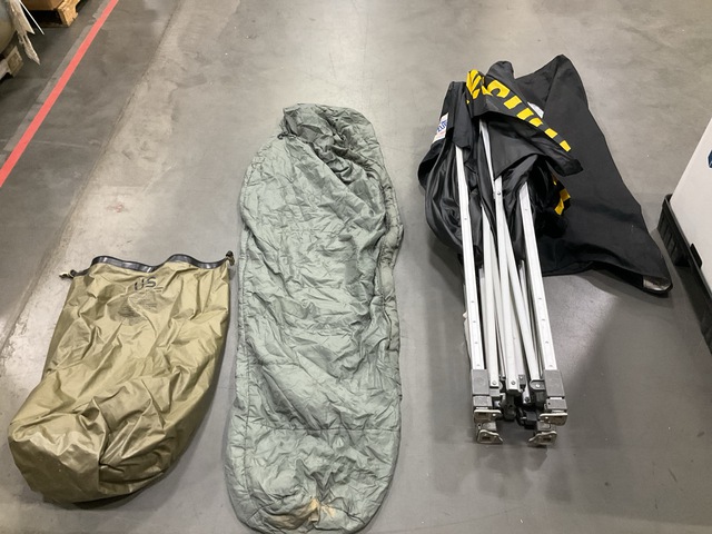 (1) E-Z Up Tent, (15) Sleeping Bags, (13) Waterproof Liners & Assorted Items
