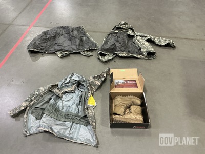 (1) Cold Weather Parka, (1) Pair of Men's Safety Boots & Assorted Items