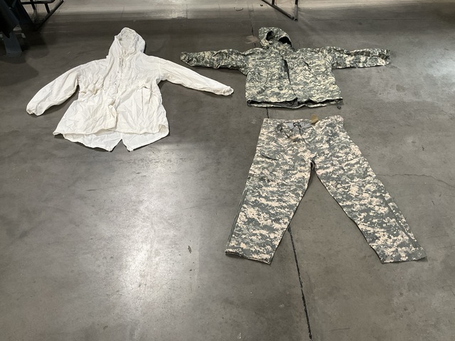 (28) Snow Camouflage Parkas, (10) Wet Weather Jackets & Assorted Items