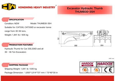2026 HW THUMB30-35H 39 in Hydraulic Excavator Thumb - Fits Cat 330, 336D / 30 - 36 ton (Unused)