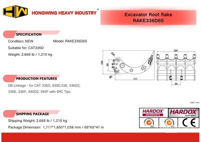 2026 HW RAKE336D65 65 in Excavator Rake - Fits Cat 336D (Unused)