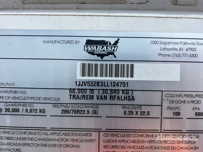 2020 Wabash 53 ft x 102 in T/A Refrigerated Trailer