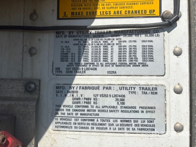 2020 Utility Trailer VS2RA 53 ft x 102 in Sliding T/A Refrigerated Trailer