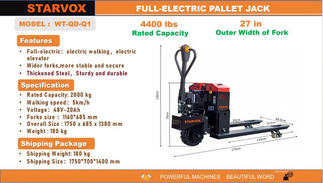 2025 STARVOX WT-QD-Q1 4400 lb Electric Pallet Jack (Unused)