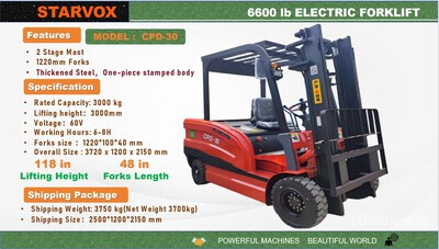 2026 STARVOX CPD-30 6600 lb Electric Forklift (Unused)