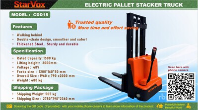 2026 STARVOX CDD15 3300 lb Electric Stacker (Unused)