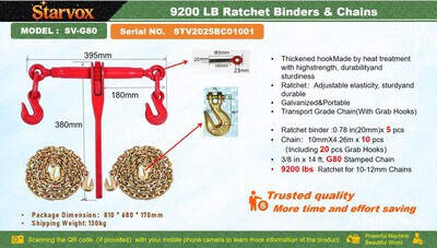 Quantity of 2026 STARVOX SV-G80 9200 lb Ratchet Binders & Chains (Unused)