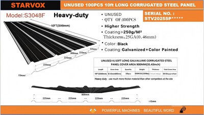 Quantity of (100) 2026 STARVOX S3048F 35 in x 10 ft Galvalume Corrugated Steel Panels (Black) Divers  (Unused)