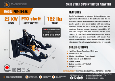 2026 Wolverine PHA-15-02C Skid Steer 3-Point Adapter (Unused)