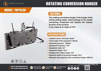 2026 Wolverine TAP-16-4200G Skid Steer Rotating Conversion Hanger (Unused)