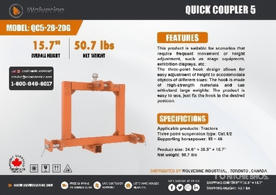 2026 Wolverine QC5-26-20G Quick Coupler 5 3-Point Hitch (Unused)