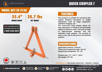 2026 Wolverine QC7-26-12.5G Quick Coupler 7 3-Point Hitch (Unused)