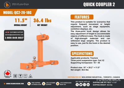 2026 Wolverine QC2-26-18G Quick Coupler 2 3-Point Hitch (Unused)