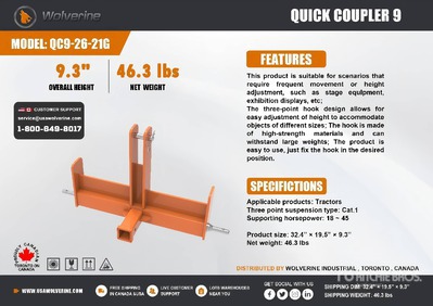 2026 Wolverine QC9-26-21G Quick Coupler 9 3-Point Hitch (Unused)
