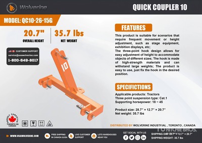 2026 Wolverine QC10-26-15G Quick Coupler 10 3-Point Hitch (Unused)