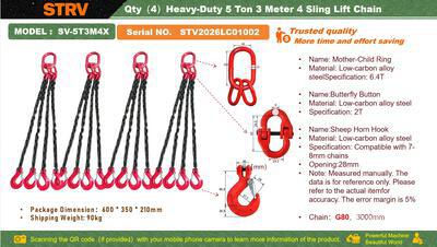 Quantity of (4) 2026 STARVOX SV-5T3M4X Heavy-Duty 5 ton 3 Meter 4 Sling Lift Chain (Unused)