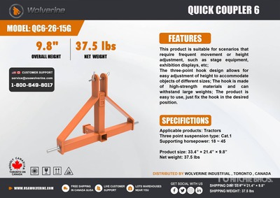 2026 Wolverine QC6-26-15G Quick Coupler 6 3-Point Hitch (Unused)