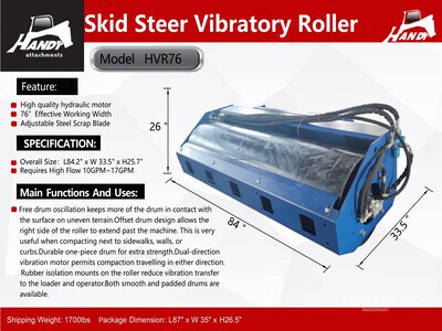 2026 Handy HVR76 76 in Skid Steer Vibratory Roller (Unused)
