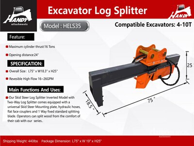 2026 Handy HELS35 24 in Excavator Log Splitter - Fits Cat 306, 307 / 4 - 10 ton (Unused)