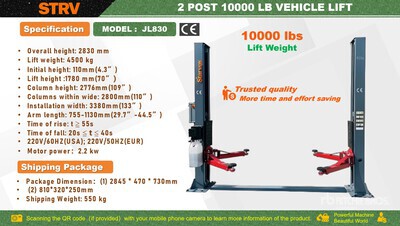2026 STARVOX JL830 2 Post 10000 lb Vehicle Lift (Unused)