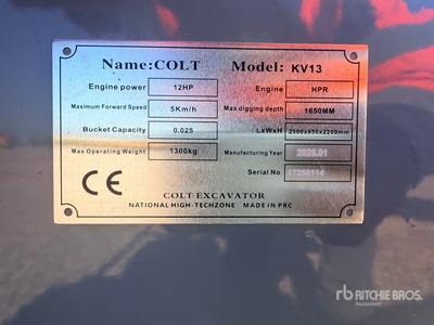 2026 Colt KV13 Mini Excavator (Unused)