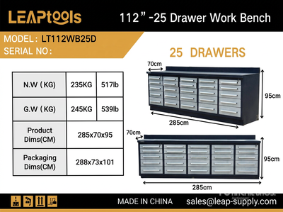 2026 LEAPtools LT112WB25D 2850 mm 25-Drawer Workbench (Unused)