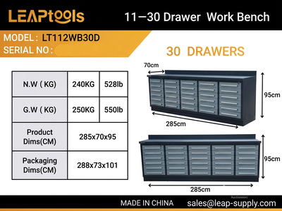 2026 LEAPtools LT112WB30D 2850 mm 30-Drawer Workbench (Unused)