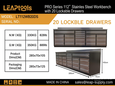 2026 LEAPtools LT112WB20DS 2850 mm 20-Drawer Pro Series Workbench (Unused)